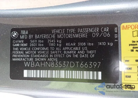 2007 BMW 750Li из США, поврежденный, VIN WBAHN83537DT66397